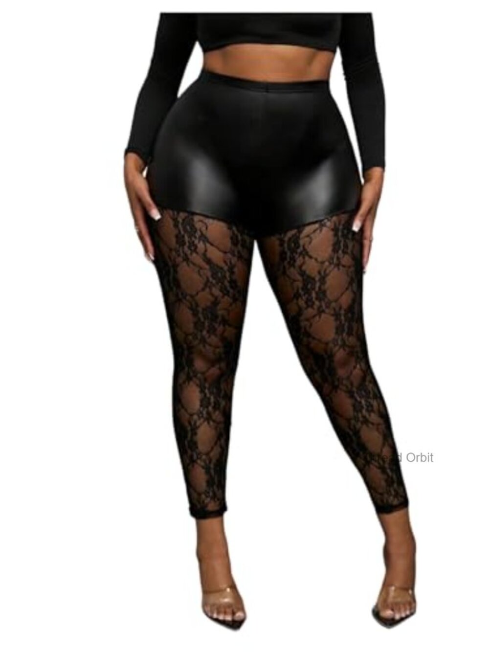 Faux Leather Floral Lace Leggings Plus Size High Waist Skinny Pants - Picture 1 of 5